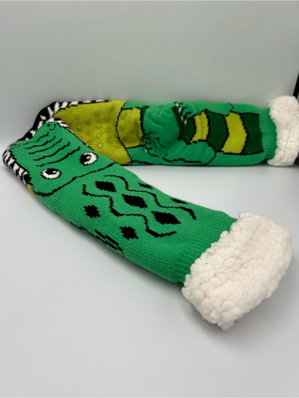 Green Novelty Cuddly Crew Alligator Socks with Fuzzy Sherpa Cuffs